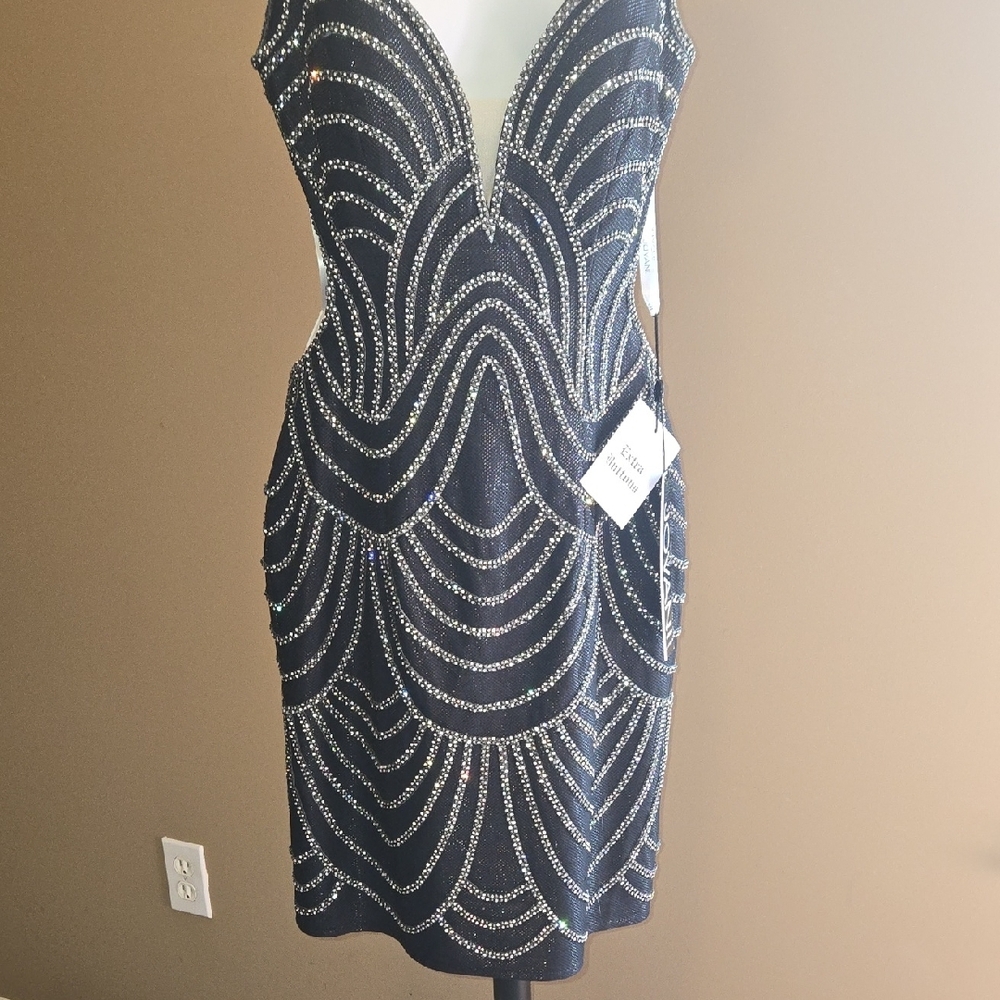 BEADED Jovani Navy Open Back Embellished Cocktail Dress NWT size 4 - Picture 4 of 16
